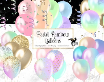 Pastel Rainbow Balloons Clipart - pastel party clip art balloons in single and bunches printable commercial use instant download