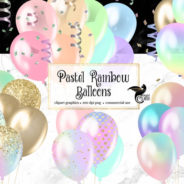 Pastel Rainbow Balloons Clipart - pastel party clip art balloons in single and bunches printable commercial use instant download