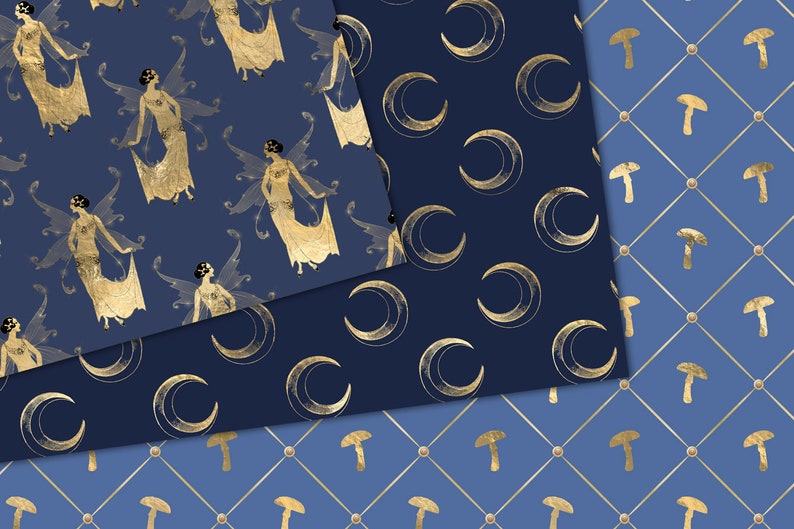 Blue and Gold Fairy Digital Paper, Seamless Scrapbook Textures (digital ...