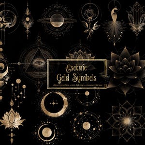 May include: A collection of gold esoteric symbols on a black background. The designs include a skull, celestial bodies, lotus flowers, and geometric shapes. The text "Esoteric Gold Symbols" is displayed in a gold frame.