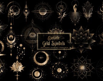 Simboli esoterici dorati, illustrazioni occulte e mistiche, immagini PNG di magia e alchimia (download digitale)