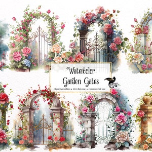 Acuarela Garden Gates Clipart - primavera floral formato PNG descarga instantánea para uso comercial