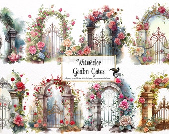Watercolor Garden Gates Clipart - spring floral PNG format instant download for commercial use
