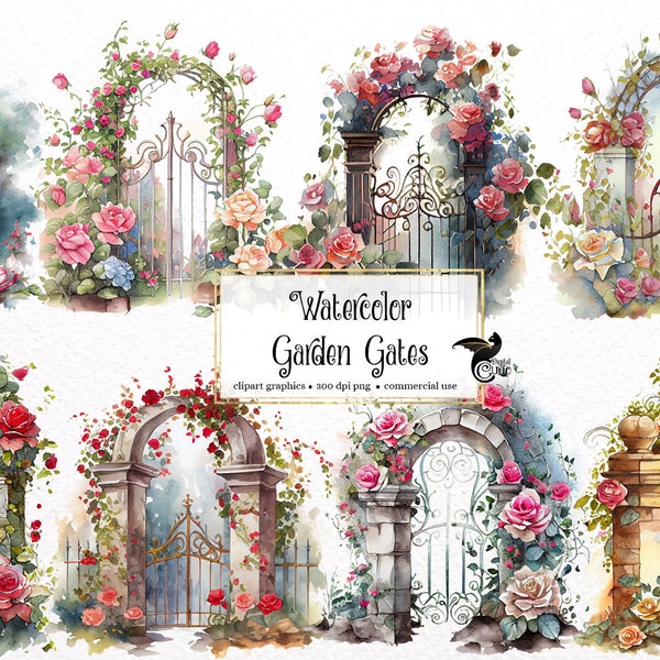 Watercolor Garden Gates Clipart - spring floral PNG format instant download for commercial use