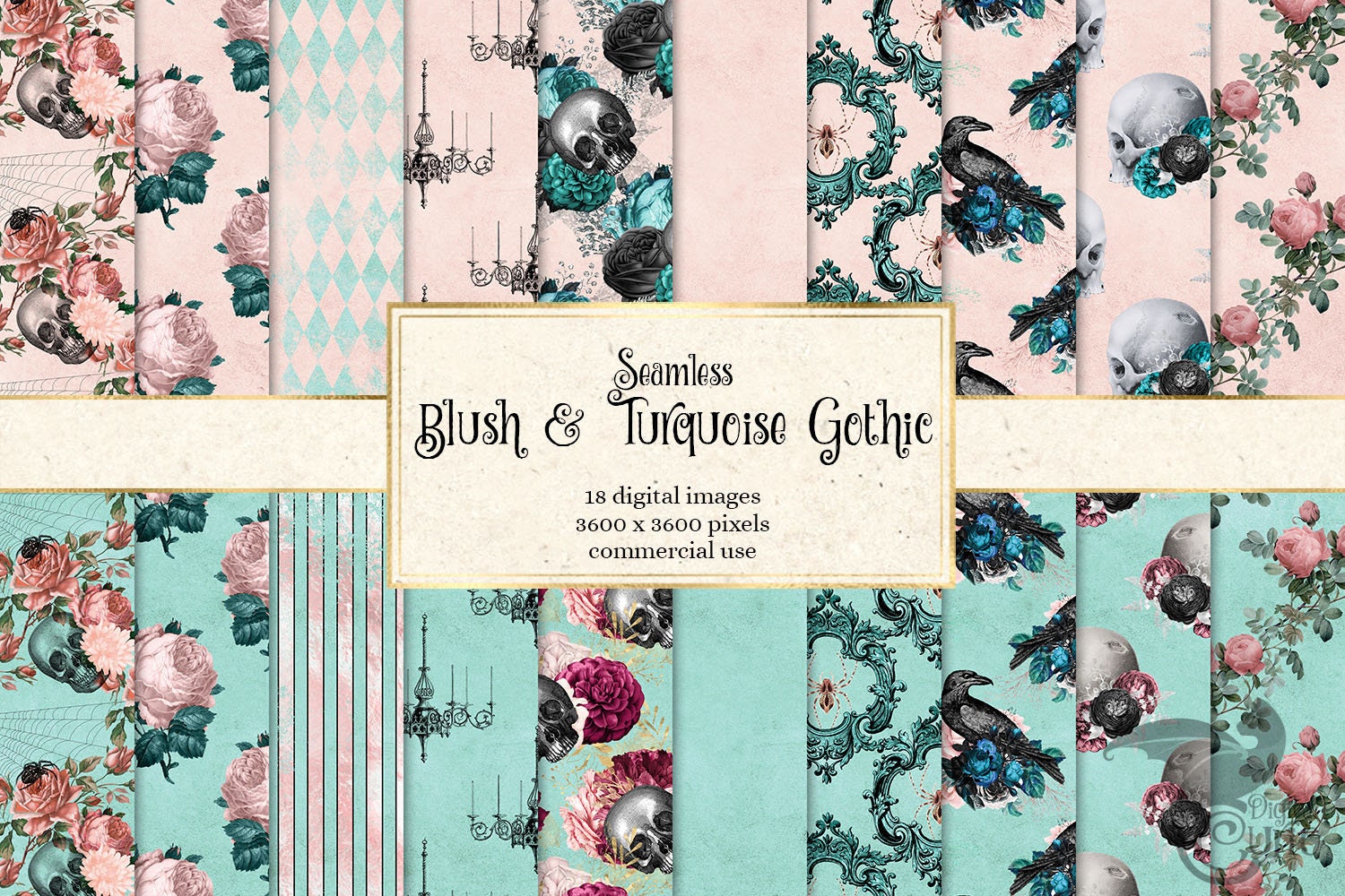 Blush and Turquoise Gothic Digital Paper, Seamless Skull Pattern Scrapbook  Papers Distressed Textures, Goth Backgrounds for Commercial Use 