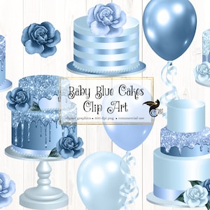 Clipart de bolos azuis bebê, clipart de chá de bebê real e bolo de aniversário, download instantâneo para uso comercial