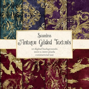 Antique Gilded Textures - vintage distressed seamless backgrounds with gold foil instant download for commercial use