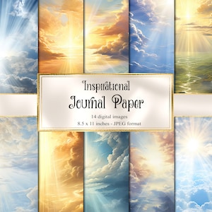 May include: A digital paper pack with 14 images of a cloudy sky with beams of light shining through. The images are 8.5 x 11 inches and in JPEG format. The text "Inspirational Journal Paper" is on a white banner with gold trim.