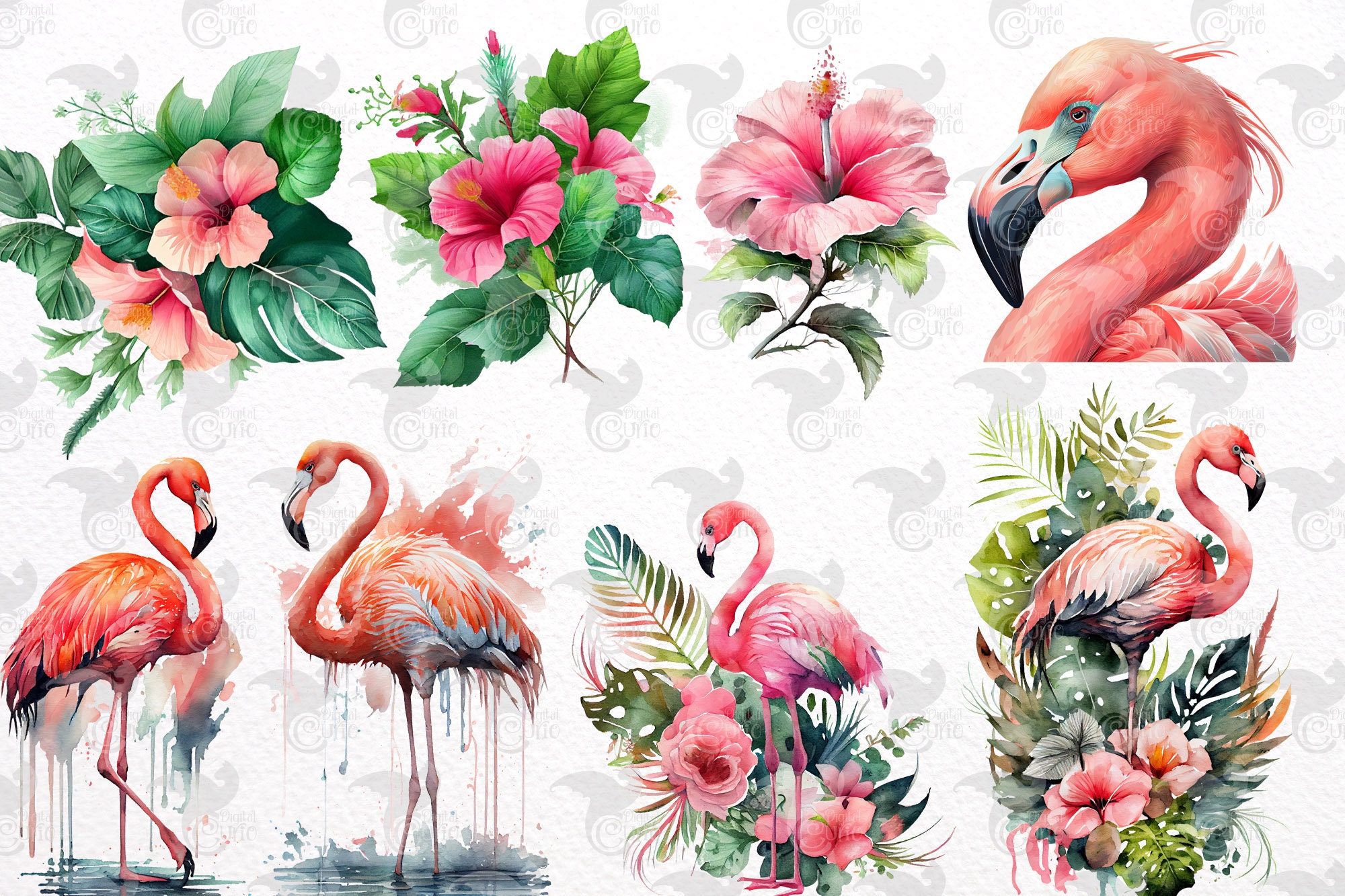 Watercolor Flamingo Clipart – Tropical Bird PNG, Floral Leaves (digital ...