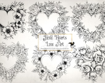 Floral Hearts Line Art Clipart – Commercial Use Graphics (Digital Download)
