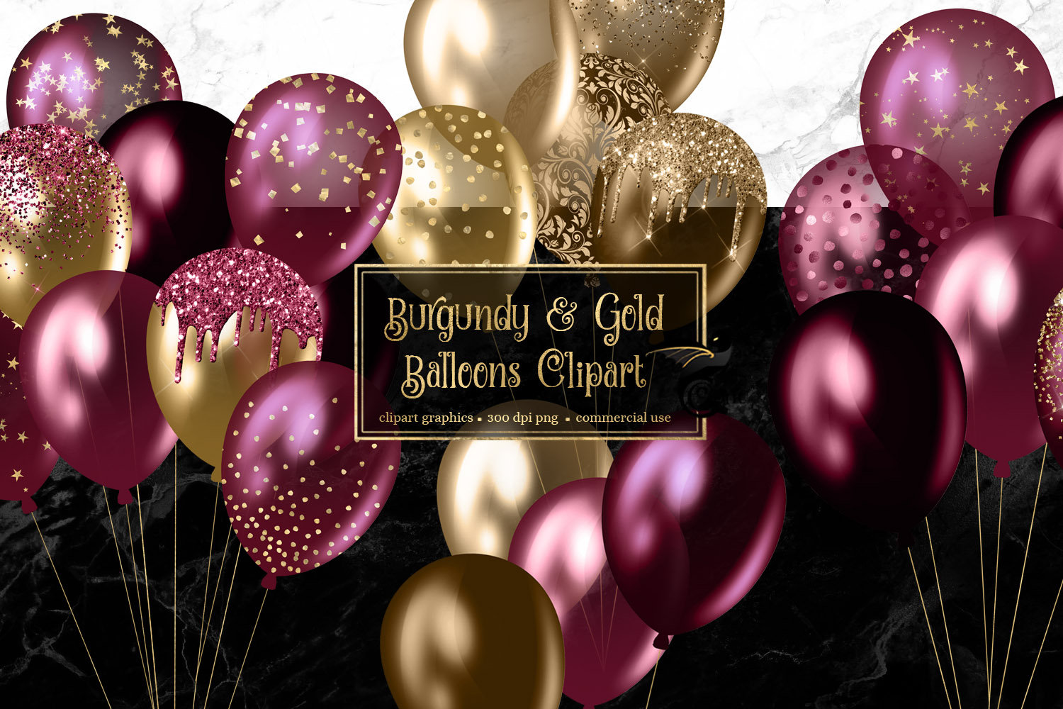 Burgundy and Gold Balloons Clipart, glitter balloon png digital overlays with glitter confetti for birthdays instant download commercial use