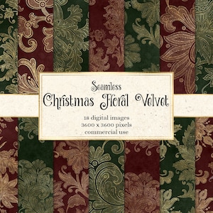 Christmas Floral Velvet Digital Paper, seamless floral damask patterns in shimmering gold for commercial use