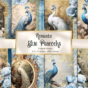 Romantic Blue Peacock Journal Paper, cottagecore notebook papier numérique rococo junk journal pages imprimables 8,5x11 pouces téléchargement instantané