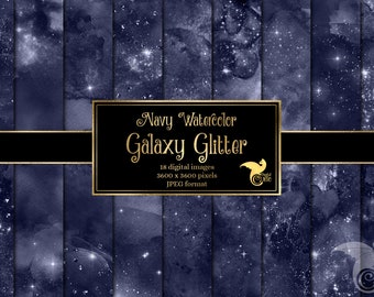 Navy Galaxy Watercolor Digital Paper – Glitter Star Textures (Digital Download)