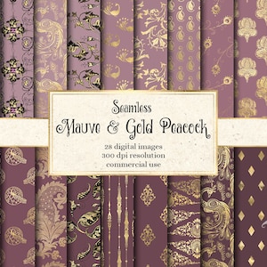 Mauve and Gold Peacock Digital Paper, seamless gold peacock patterns printable scrapbook paper for journals and planners commercial use