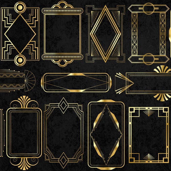 Gold Art Deco Rahmen Clipart - Vintage Retro Rahmen PNG und Vektor Clip Art sofortiger Download für kommerzielle Nutzung