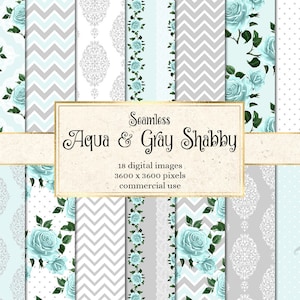 Aqua and Gray Shabby Digital Paper, Seamless Floral Patterns Rustic ...