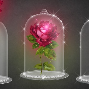 Diamond Rose Display Case Clipart, decantador de brillo brillante de cristal encantado de fantasía mágica digital, descarga de imágenes prediseñadas de Beauty and the Beast Rose