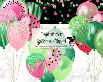 Watermelon Balloons Clipart, glitter balloon png digital overlays with mylar and glitter confetti instant download commercial use