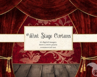 Velvet Stage Curtains, digital paper photo backdrops, room backgrounds, theater theatre cinema luxury fabric digital circus play clipart