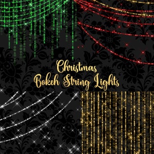 May include: Four different styles of Christmas string lights with a bokeh effect. The lights are green, red, white, and gold.