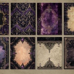 May include: Eight digital art prints with a vintage aesthetic. The designs feature a colour scheme of deep purple, gold, and black, with elaborate patterns and frames. Some prints include oval frames and jewel accents, creating a gothic or Victorian feel. Measurements are not applicable.