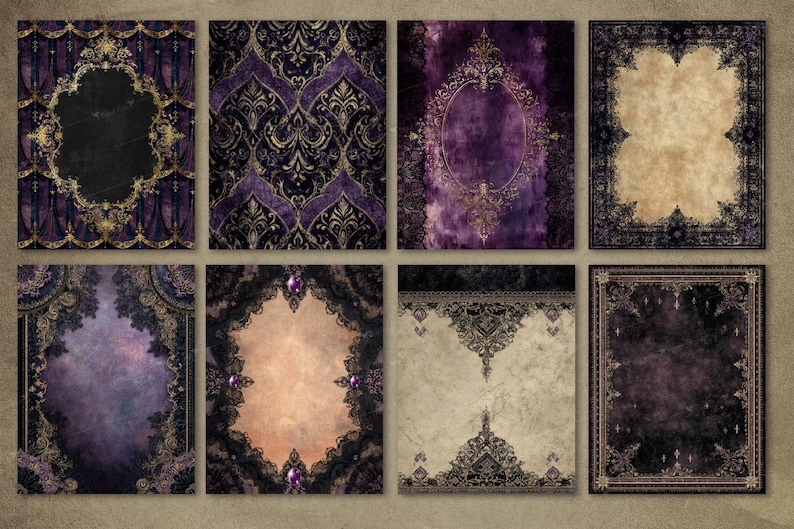 May include: Eight digital art prints with a vintage aesthetic. The designs feature a colour scheme of deep purple, gold, and black, with elaborate patterns and frames. Some prints include oval frames and jewel accents, creating a gothic or Victorian feel. Measurements are not applicable.