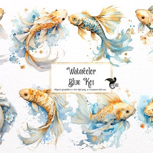 Acuarela azul Koi Clipart, pez koi floral japonés en azul y oro, PNG clip art gráficos descarga instantánea para uso comercial