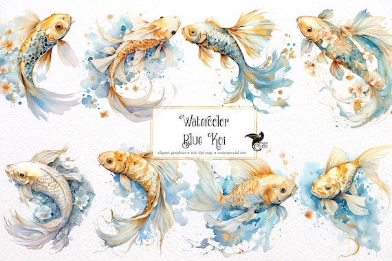 Watercolor Blue and Gold Koi Fish Clipart (PNG Digital Download)
