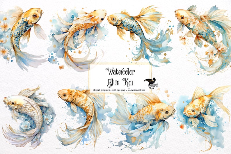 Puede incluir: Ilustraci&oacute;n de acuarela de peces koi azules y dorados con salpicaduras de acuarela azules y blancas. El texto "Watercolor Blue Koi" est&aacute; en el centro de la imagen.