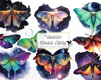Watercolor Celestial Moths Clipart - galaxy fantasy moth clip art in PNG format instant download for commercial use