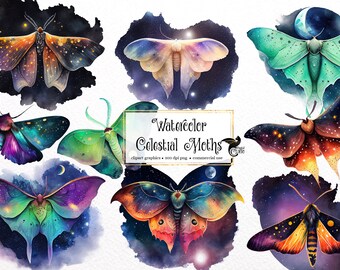 Watercolor Galaxy Moth Clipart – Celestial Fantasy PNG (Digital Download)