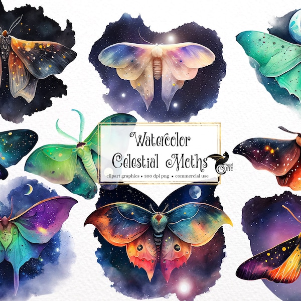 Watercolor Celestial Moths Clipart - galaxy fantasy moth clip art in PNG format instant download for commercial use