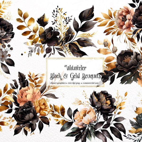 Watercolor Black and Gold Peony Bouquets - peonies in PNG format instant download for commercial use