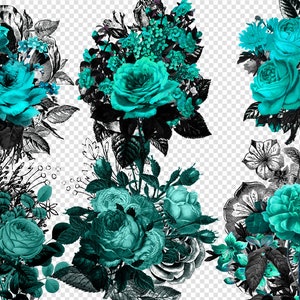 Op de afbeelding: Een digitale illustratie van zes boeketten met tealblauwe rozen met zwarte en witte bladeren en stelen. De rozen zijn in verschillende stijlen en maten gerangschikt.