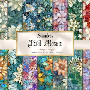 Peut inclure: Un ensemble de 18 motifs floraux en mosaïque sans couture numériques dans différentes couleurs, notamment le bleu, le vert, le rouge et le jaune. Chaque motif présente un motif floral avec un effet mosaïque. Le texte "Seamless Floral Mosaic" est affiché au centre de l'image. Le texte "18 images numériques" est affiché sous le titre. Le texte "3600 x 3600 pixels - format JPEG" est affiché sous le nombre d'images.