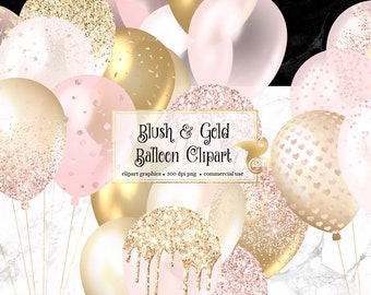 Blush en gouden ballonnen clipart, roze glitter en folie confetti partij clipart voor verjaardagen PNG-formaat instant download voor commercieel gebruik