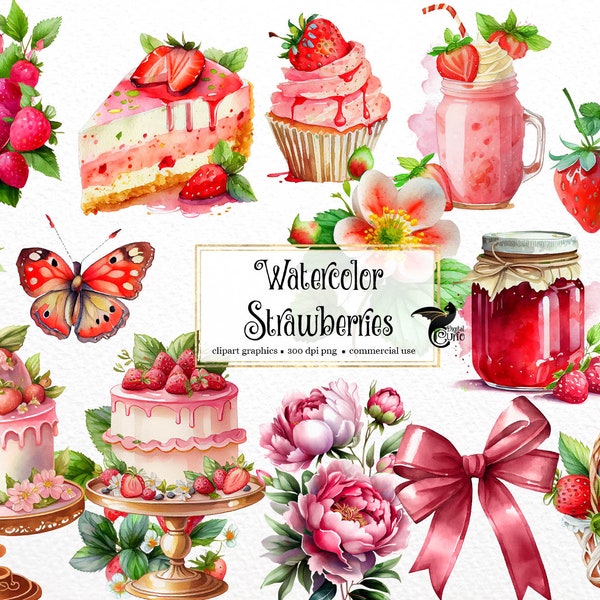 Watercolor Strawberries Clipart - digital png strawberry cupcake and shortcake graphics for instant download commercial use