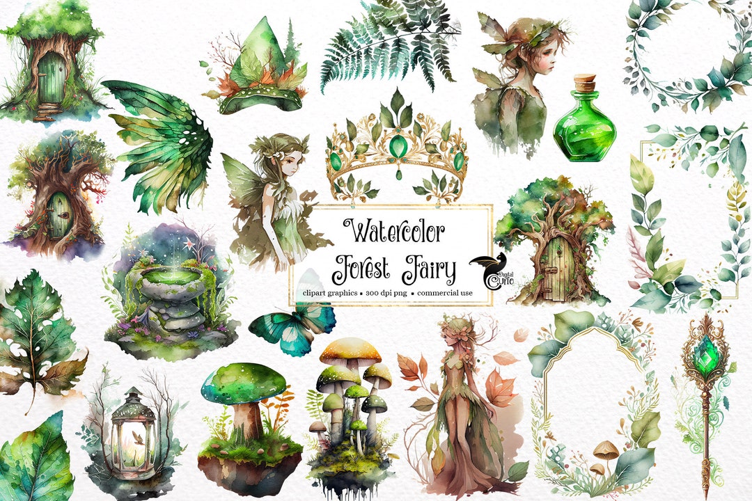 Watercolor Forest Fairy Clipart – Fantasy Floral PNG Graphics (digital ...