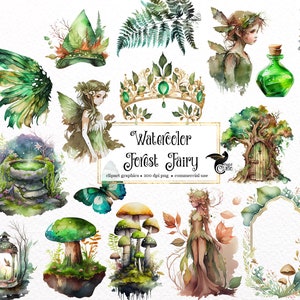 Puede incluir: Ilustraciones de acuarela con temática de hada del bosque. El conjunto incluye un hada con alas, una corona, un hongo, una linterna, una botella, un árbol con una puerta, un helecho, una hoja y un marco.