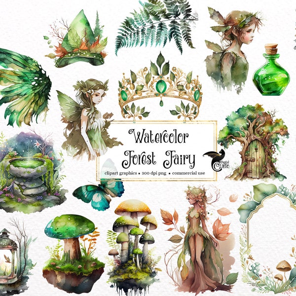 Watercolor Forest Fairy - fantasy floral spring clip art graphics in PNG format instant download for commercial use