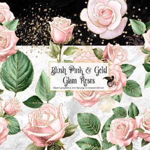 Blush und Gold Glam Rose Clip Art, digitale sofortiger Download Glitzer Blume Png Verzierungen, rosa Rose, Gold glitter Rosen