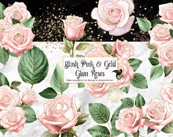 Blush Pink and Gold Rose Clip Art, Glitter Flower PNG (Digital Download)