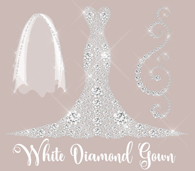Diamond Wedding Gown Clipart, Dress and Veil PNG Graphics (digital ...