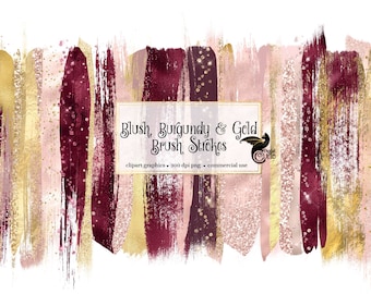 Blush Burgundy Gold Brush Stroke Clipart (PNG Digital Download)