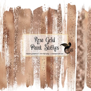 Rose Gold Paint Strokes Clipart, with rose gold glitter and rose gold foil in digital PNG format instant download for commercial use