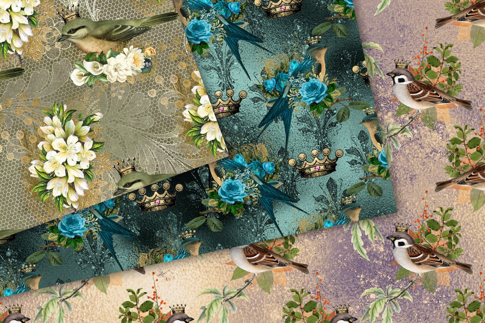 Royal Birds Digital Paper, Seamless Bird Printable Scrapbook Paper and ...