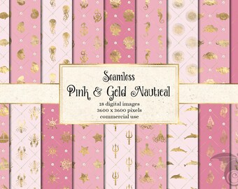Pink and Gold Nautical Paper, Seamless Ocean Pattern (Digital Download)