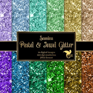 Può includere: Un pacchetto di carta digitale con 16 motivi di glitter senza cuciture in tonalità pastello e gioiello. I motivi sono a 300 dpi e in formato JPG. Il testo "Seamless Pastel & Jewel Glitter" è visualizzato su uno stendardo nero.