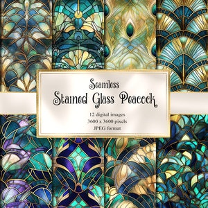 Stained Glass Peacock Digital paper, seamless printable textures printable scrapbook paper